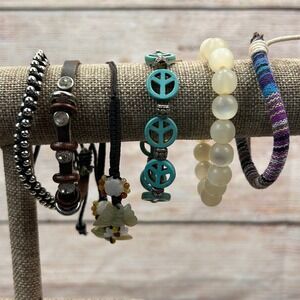 6pc Boho Bracelet Lot Peace Sign Turquoise Jade Style Leather Beaded Stack